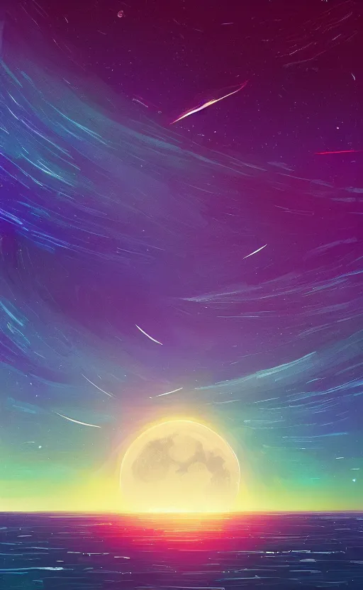 Image similar to a beautiful illustration of interstellar, art of alena aenami, featured on artstation, vertical orientation, paint brush strokes, expressionism, brushstroke - laden, breathtaking clouds, birds, ocean, beautiful stars, long exposure, big moon radius, airy midnight theme, blue purple gradient, lens flare