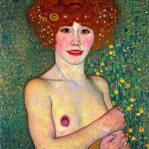 Prompt: representation of a young woman with a happy face in the year 1907 by Gustav Klimt