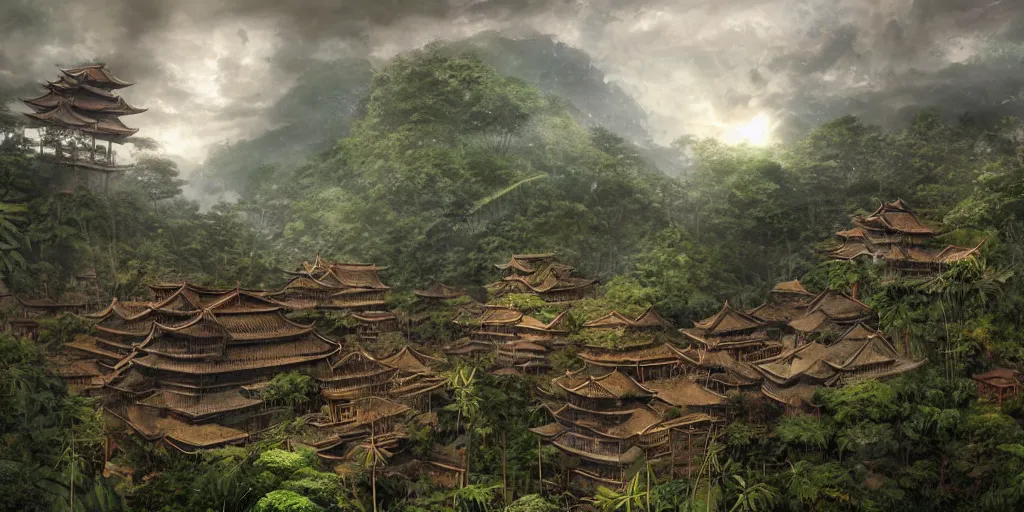 Prompt: A gigantic standing haunted samurai guardian dominates a huge hidden bamboo village in the jungle, evening, ominous sky, flags, Matte Painting, Craig Mullins