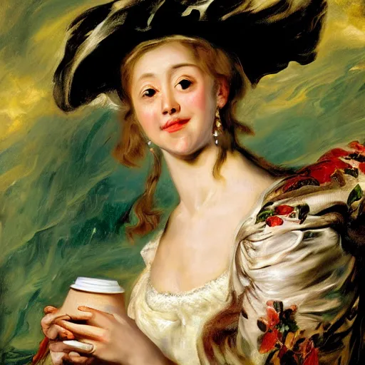 Prompt: heavenly summer sharp land sphere scallop well dressed lady holding a green paper coffee cup, auslese, by peter paul rubens and eugene delacroix and karol bak, hyperrealism, digital illustration, fauvist, green paper coffee cup