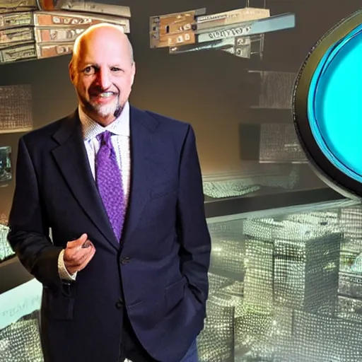 Prompt: Jim Cramer with broken clocks for eyes