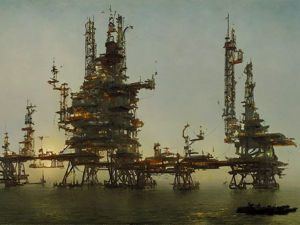 Prompt: an futuristic oil platform by carl spitzweg