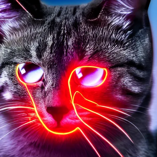 Image similar to Still of a mechanical chrome metallic cat with glowing red eyes staring at the camera, red lens flare