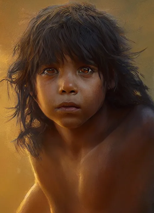 Image similar to highly detailed portrait of mowgli, unreal engine, cinematic light, warm, fantasy art by greg rutkowski