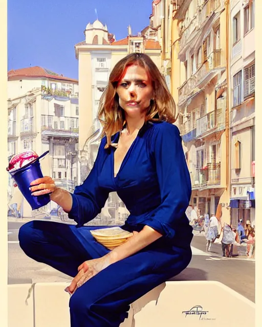 Image similar to portrait of a blonde fuller figured barbara bach from the bond film wearing a dark blue jumpsuit and eating ice creams in porto, real life skin, intricate, elegant, highly detailed, artstation, concept art, smooth, sharp focus, art by artgerm and greg rutkowski and alphonse mucha