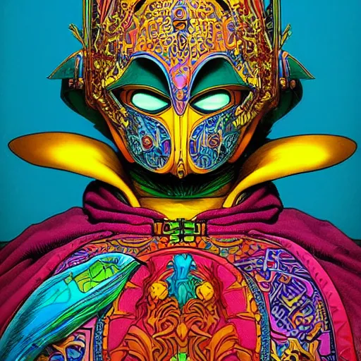 Prompt: beautiful portrait of the colorful masked figure, vivid colors, intricate, highly detailed, masterful, fantasy world, sci fi world, in the style of moebius, akira toriyama, jean giraud