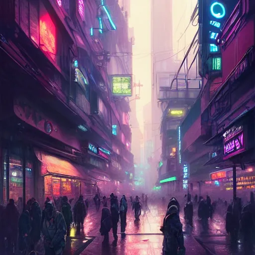 Image similar to overly crowded street of a cyberpunk city, rain, harsh neon lights, highly detailed, digital painting, trending on artstation, concept art, sharp focus, illustration, art by artgerm and greg rutkowski and magali villeneuve