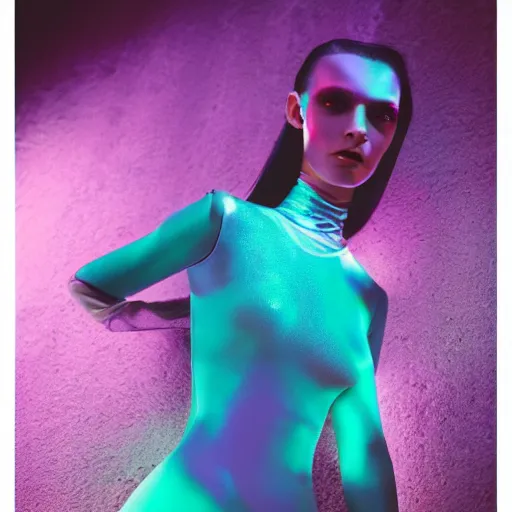 Image similar to Fashion photography of a woman wearing a futuristic outfit inspired by Avatar (2009), artistic photography, cinematic lighting, insanely detailed, cinestill 800t, Vogue magazine