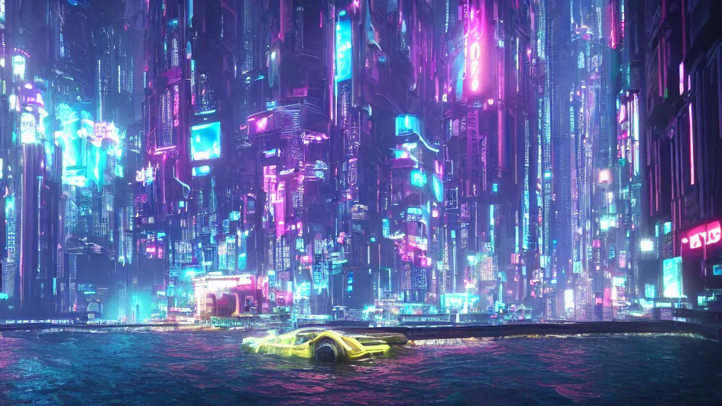 Image similar to cyberpunk city built underwater, submerged, nighttime, fluorescent led, made in blender, octane render, cinematic, volumetric lighting, futuristic,, hyperrealistic, highly detailed, colourful 4 k hd