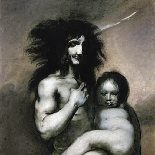 Prompt: an oil painting depicting the Titan Cronus, long-haired and wild-eyed, eating his partially-consumed child. Black background. By Francisco Goya, 1820.
