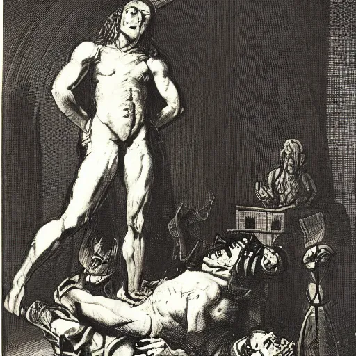 Image similar to subtle, sinister cobalt by william hogarth, by james mcintosh patrick. a mixed mediart of a large, black - clad figure of the king looming over a small, defenseless figure huddled at his feet. the king's face is hidden in shadow. menacing stance, large, sharp claws, dangerous & powerful creature.