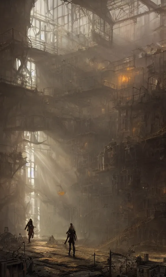 Prompt: Fantasy matte painting of an adventurer walking through an abandoned steampunk industrial factory, volumetric light scattering, highly detailed, Andreas Rocha, Greg Rutkowski, Darek Zabrocki, ArtStation, CGSociety, Unreal Engine, 4K, 8K