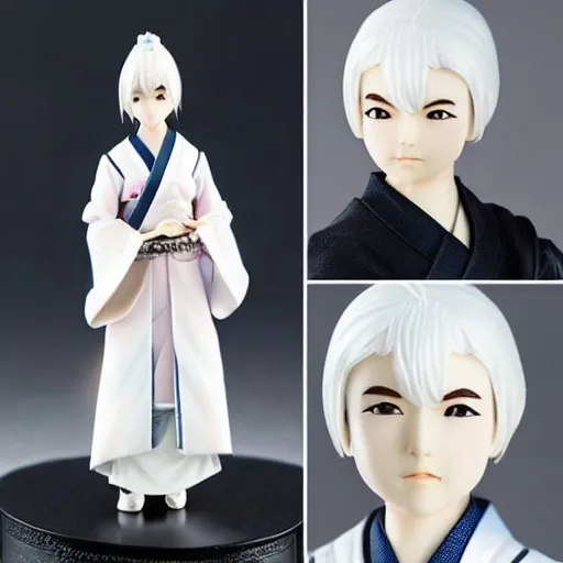 Image similar to a japanese princess young lady, with white hair and bangs!!!! beauty, anime action figure, well lit, studio light, painted action figure, toy advertisement