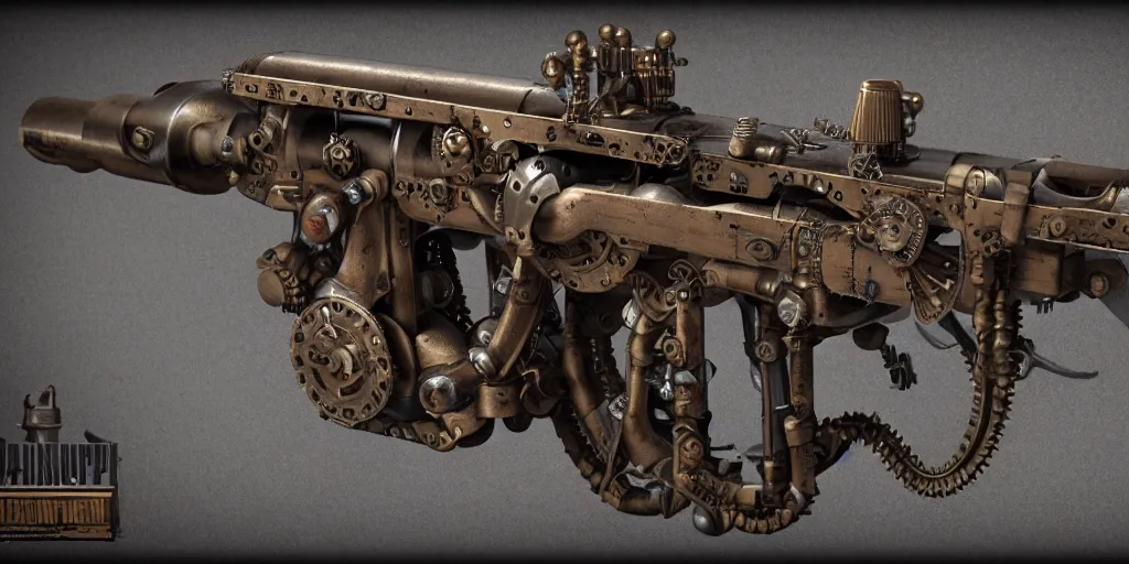 Prompt: steampunk machine gun, concept art, industrial design, detailed, 8 k, realistic, octane render, detailed cogwheels and metal parts, smooth curves