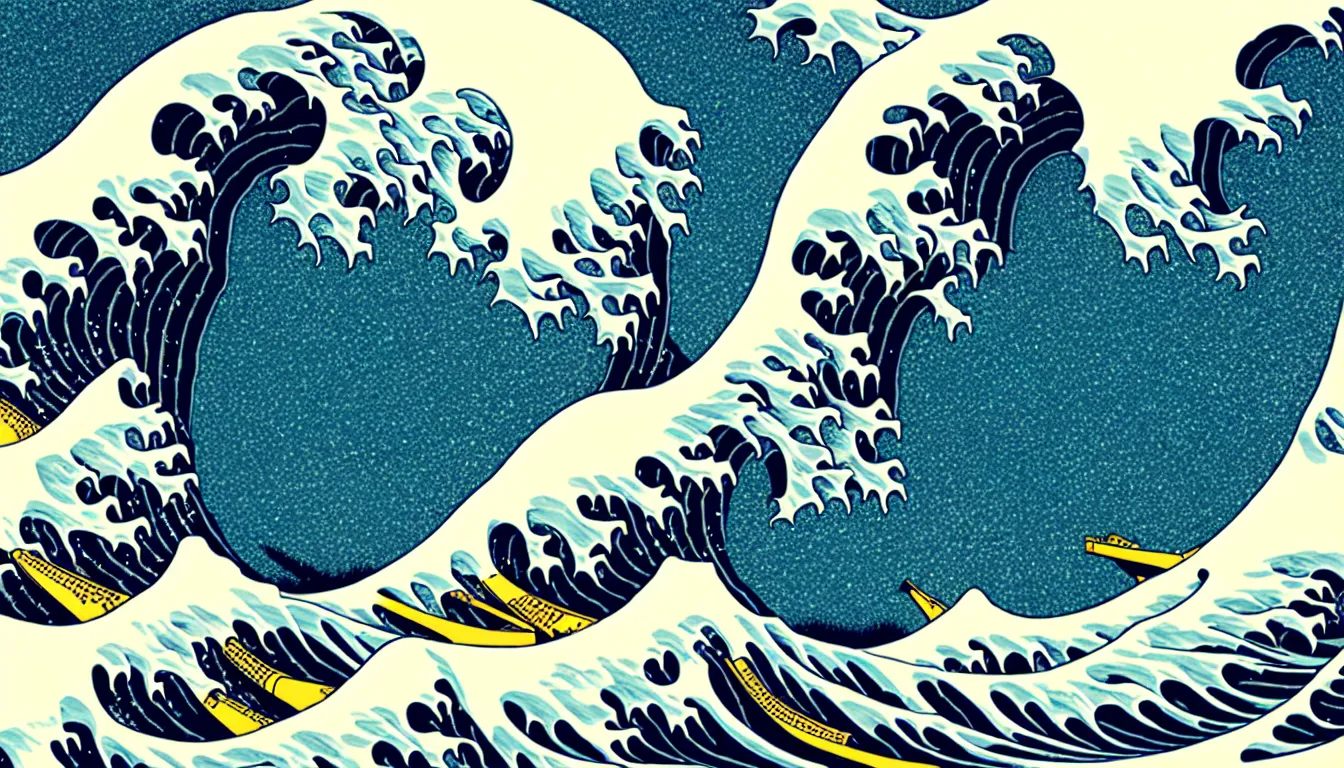 Image similar to the great wave by woodblock print, nicolas delort, moebius, victo ngai, josan gonzalez, kilian eng