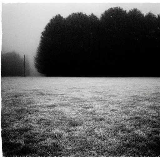 Image similar to the most horrific photo of a foggy empty field, 3 5 mm, film grain, horror