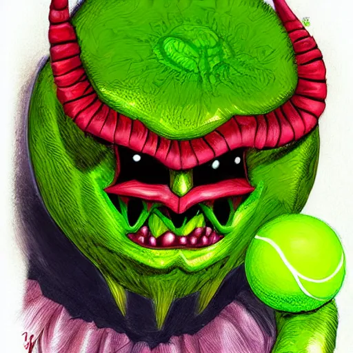 Image similar to a tennis ball monsters, devil colorful, digital art, fantasy, magic, chalk, trending on artstation, ultra detailed, professional illustration by basil gogos