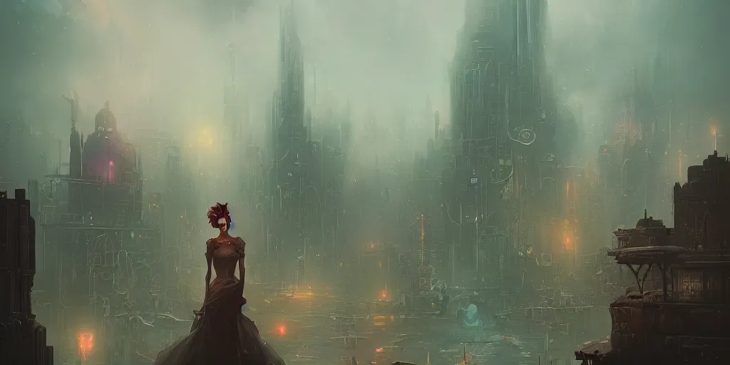 Prompt: a detailed illustration of 1984 city with cinders and acid rain in a gloomy sky, artstation, by Peter Mohrbacher, Art Nouveau, sophisticated, depth of field,Unreal engine, dystopia, anti-utopia, post processing, nostalgic melancholic artwork, intricate