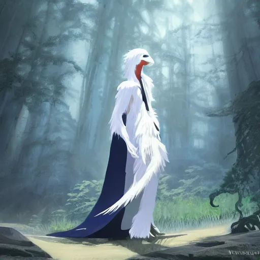 Image similar to concept art painting of an anthropomorphic humanoid white raven wearing dark blue robes, in the deep forest, realistic, detailed, cel shaded, in the style of makoto shinkai and greg rutkowski and james gurney