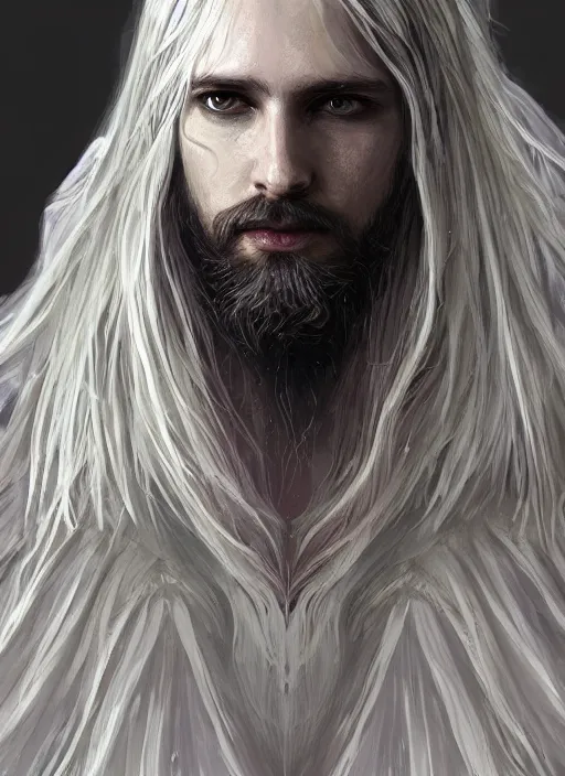 Prompt: Portrait of warlock angel, white glowing eyes, silver shaggy hair, short scruffy beard, cloak, ethereal wings, male, fantasy, extremely detailed, digital painting, artstation, concept art, smooth, sharp focus, illustration, stunning lighting, art by artgerm and greg rutkowski and alphonse mucha and simon stalenhag, realistic character concept, high fantasy, light atmosphere, golden ratio, cinematic lighting, hyperdetailed, high resolution, insanely detailed and intricate, artstation, Marc Simonetti, Greg Rutkowski, 8k