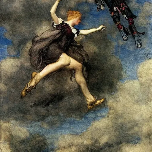 Image similar to airborne paratroopers jumping from parachutes, style of arthur rackham and eugene de blaas and frederic leighton