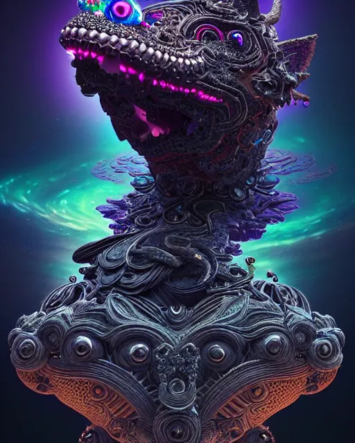 Image similar to 3 d ornate carved dark cosmic kitty with profile portrait, sigma 5 0 0 mm f / 5. beautiful intricate highly detailed quetzalcoatl skull. bioluminescent, plasma, lava, ice, water, wind, creature, thunderstorm! artwork by tooth wu and wlop and beeple and greg rutkowski, 8 k trending on artstation