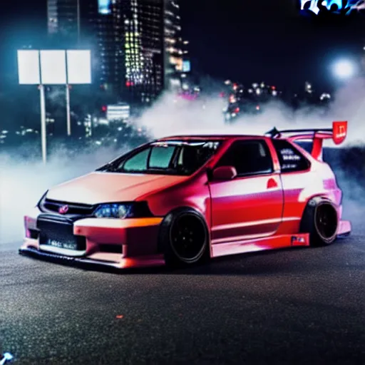 Image similar to honda civic type-r drift at illegal car meet, shibuya prefecture, midnight mist streetlights, color grade, photorealistic, highly detailed wheels, highly detailed