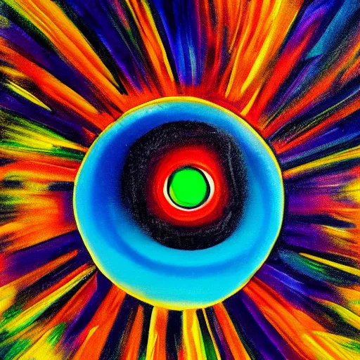 Prompt: a hazel eyeball floating on a multi-colored disco floor, casting it's shadow below it onto the colorful disco floor, in outer space, surrealist painting