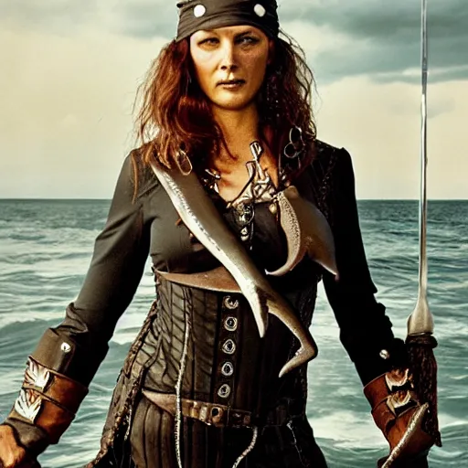 Image similar to a Swashbuckling pirate wearing her best shark skin, photo by annie Leibowitz