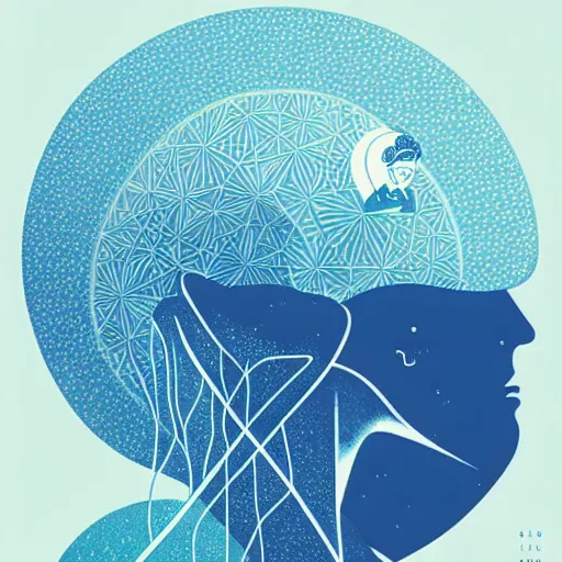 Image similar to a wandering mind, logo, simple white background victo ngai, kilian eng, flat, blue