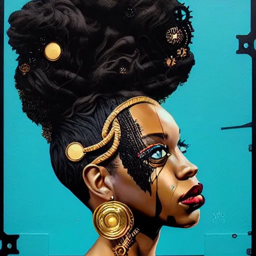 Image similar to portrait of a black woman :: side profile :: in ocean :: clockwork details :: gold :: blood and horror :: by vikings and Sandra Chevrier