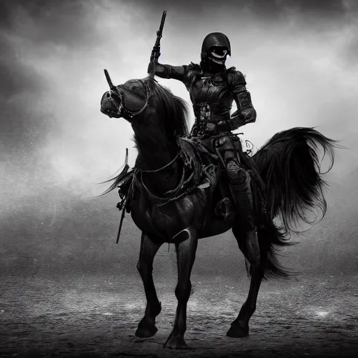 Image similar to death riding a black horse, holding a black flag with a white rose on the flag, rugged, black tactical gear, black and white, noir, futuristic, octane render, cinematic