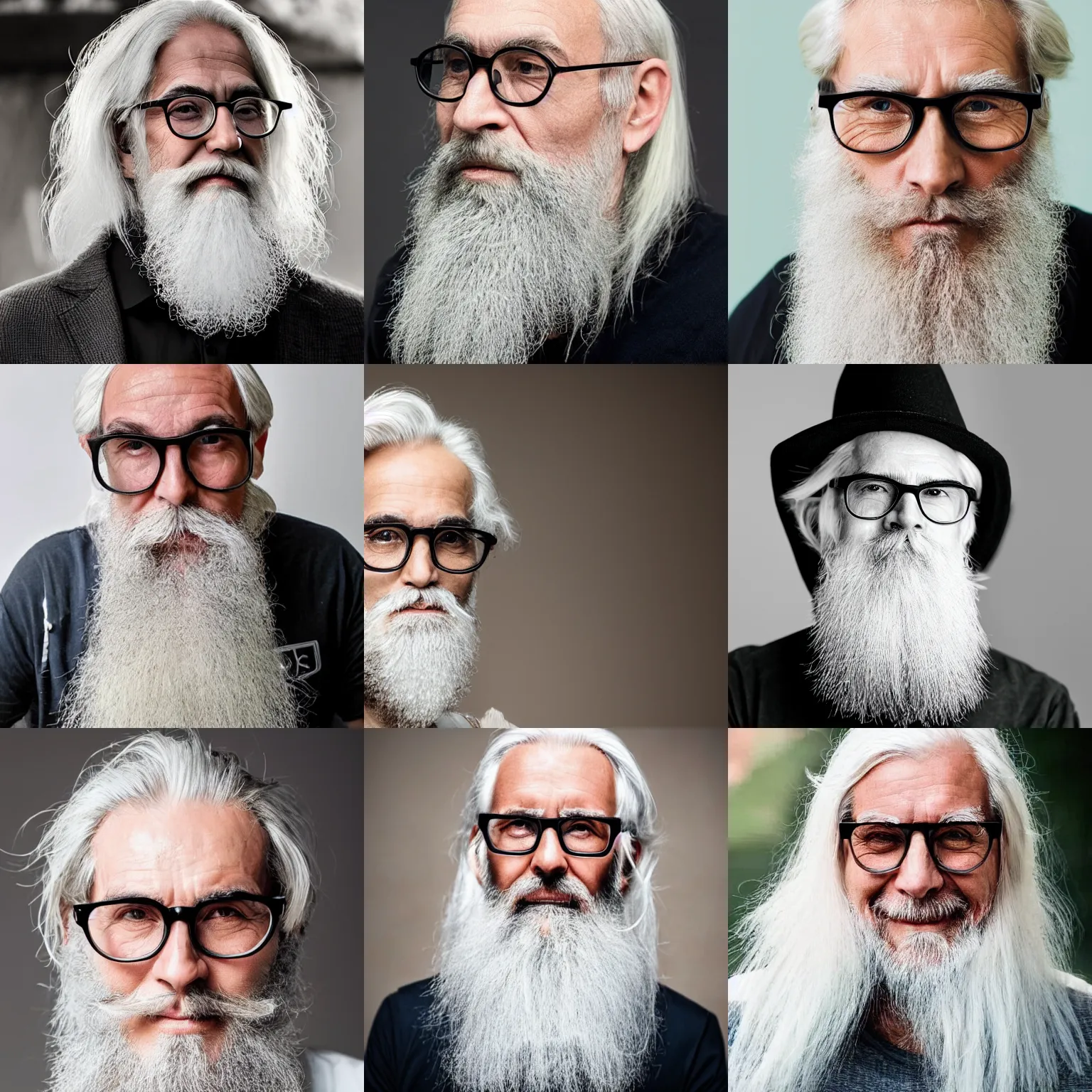 Prompt: man in his 5 0 s with long white hair, a long white chin beard and round glasses