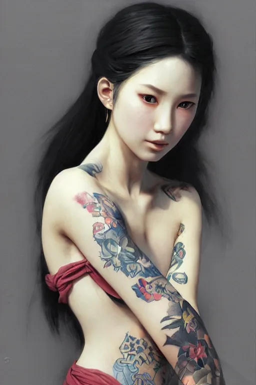 gorgeous chinese girl in tattoos, by luis royo, in