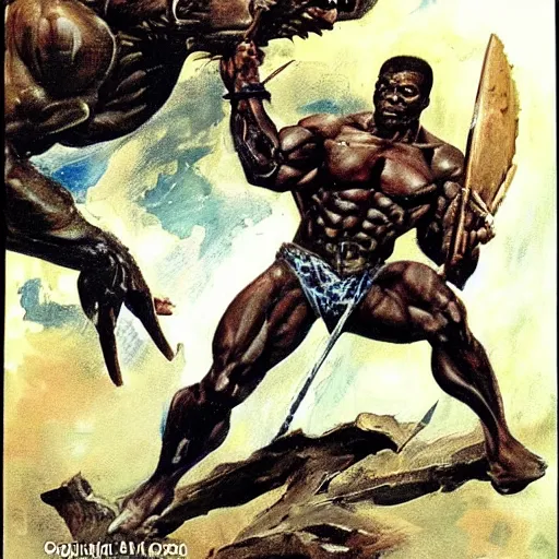 Image similar to a muscular warrior from sub - saharan africa, holding a spear and fighting a monster of cosmic horror. frank frazetta, earl norem, bob larkin.