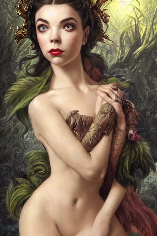 Image similar to A fantasy comic book style portrait painting of Anya Taylor-Joy, Elizabeth Taylor, hybrid, as an Atlantean Reptilian Warrior, François Boucher, Oil Painting, Mystical Valkyrie, unreal 5, DAZ, hyperrealistic, octane render, Regal, Refined, Detailed Digital Art, RPG portrait, William-Adolphe Bouguereau, Michael Cheval, Walt Disney (1937), Steampunk, dynamic lighting, Highly Detailed, Cinematic Lighting, Unreal Engine, 8k, HD