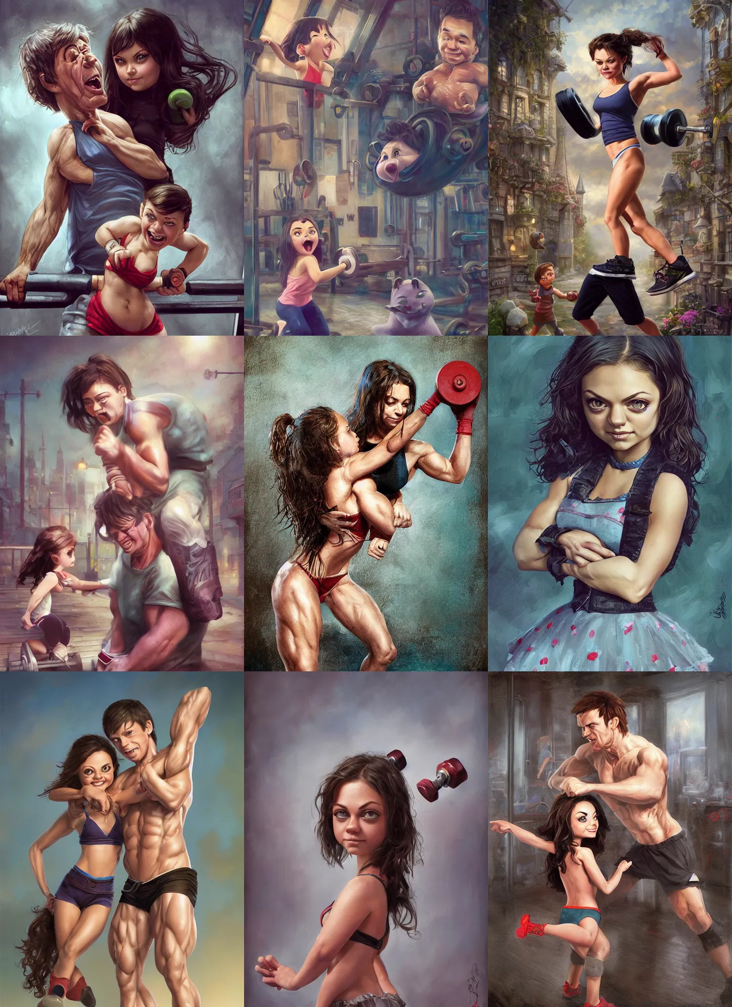 Image similar to wlop, steve argyle, ilya kuvshinov, little laughing bodybuilder mila kunis working out,, ralph horsley, rossdraw, mark ryden, daniel f. gerhartz, sophie anderson, lilia alvarado, tom chambers