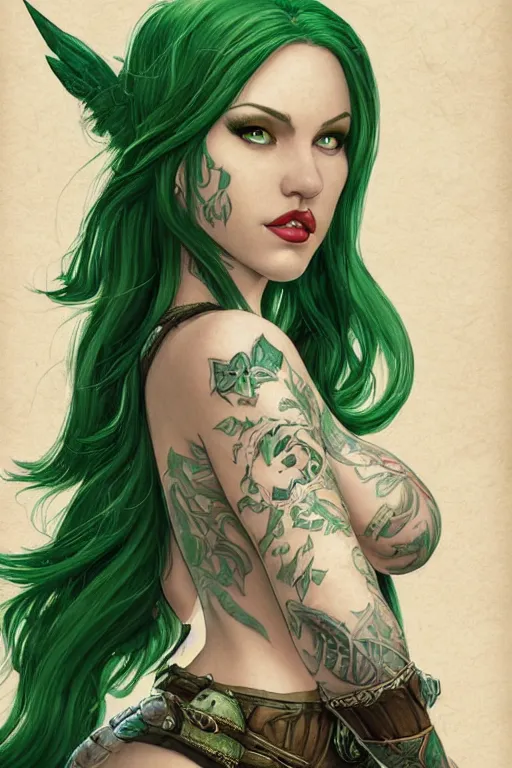 Image similar to green hair tattooed pinup hannah murray, rogue bard, feathers, baldurs gate, diablo, dnd, deep focus, turnaround, fantasy, intricate, elegant, highly detailed, digital painting, artstation, concept art, matte, sharp focus, illustration, hearthstone, art by artgerm and greg rutkowski and alphonse mucha.