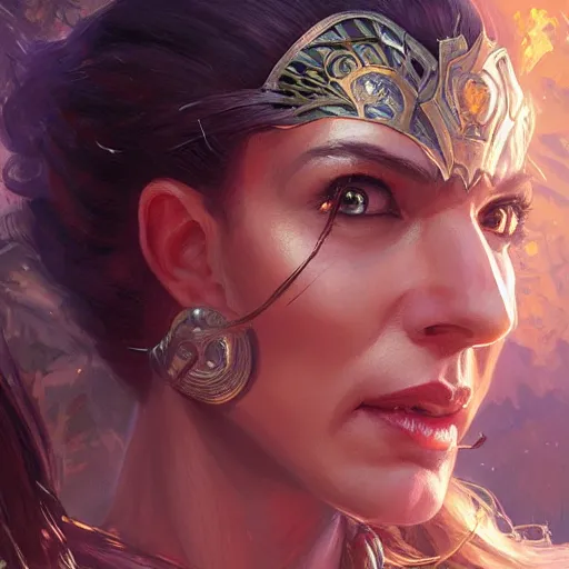 Image similar to Jeff Bezos as a female amazon warrior, closeup, D&D, fantasy, intricate, elegant, highly detailed, digital painting, artstation, concept art, matte, sharp focus, illustration, hearthstone, art by Artgerm and Greg Rutkowski and Alphonse Mucha