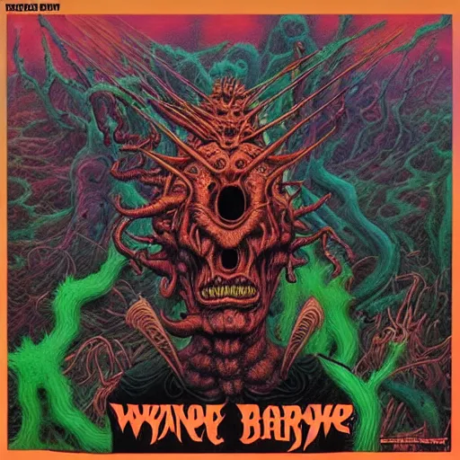 Image similar to stoner metal album cover in the style of wayne barlowe and kenny scharf and philippe druillet, realistic, insanely detailed, intricate, smooth, airbrush, play-doh