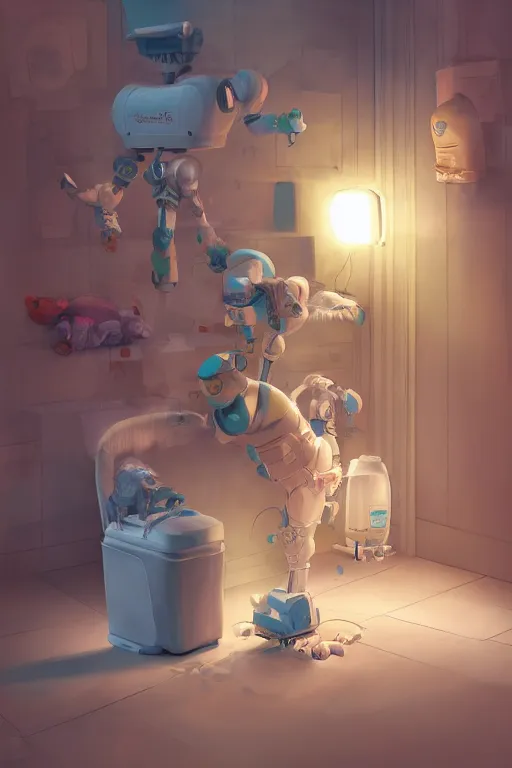 Image similar to Diaper Disposal Robot, Overflowing with Diapers, digital art, fantasy, trending on artstation, professional illustration, cgsociety, ultra detailed, volumetric lighting, celshaded, colorful, girly bedroom