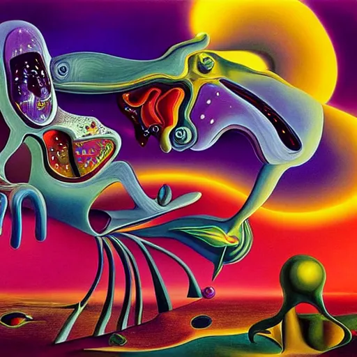 Prompt: a hd surrealism painting of 3d cast glass galactic trippy neon cartoon surrealism creatures by salvia dali the fourth, salvador dali's much much much much more talented painter cousin, 4k, ultra realistic