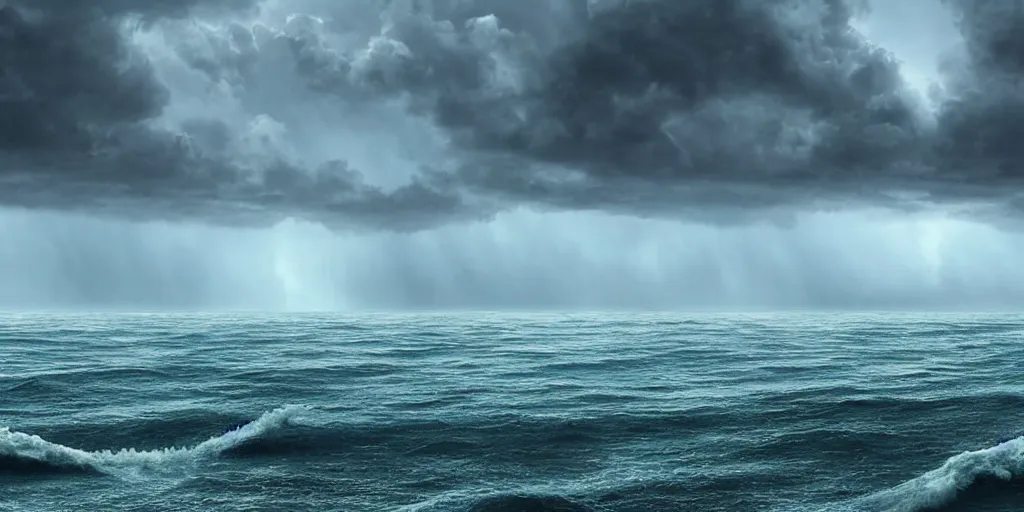 Prompt: An exceptionally calm ocean!!!!! stretching as far as the eye can see, with thunderstorm!!!!! skies, photorealistic imagery, rainy!!!!! atmosphere, grim!!!!! and photorealistic art style, trending on arstation, 4k, 8k