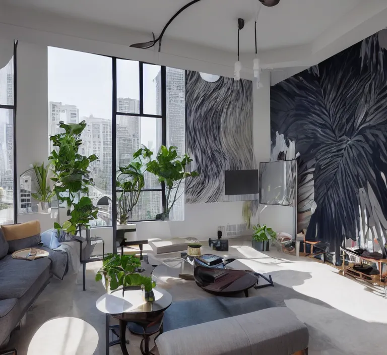 Prompt: interior of luxury condominium with minimalist furniture and lush house plants and abstract wall paintings | modern architecture by makoto shinkai, ilya kuvshinov, lois van baarle, rossdraws and frank lloyd wright