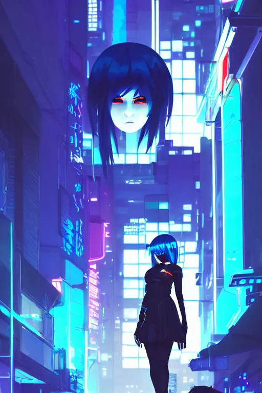 Image similar to digital illustration of cyberpunk pretty girl with blue hair, wearing a black ominatrix outfit, in city street at night, by makoto shinkai, ilya kuvshinov, lois van baarle, rossdraws, basquiat