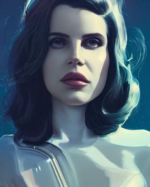 Image similar to portrait of lana del rey as a cyborg. intricate abstract. intricate artwork, by tooth wu, wlop, beeple, dan mumford. concept art, octane render, trending on artstation, greg rutkowski very coherent symmetrical artwork. cinematic, key art, hyper realism, high detail, octane render, 8 k, iridescent accents