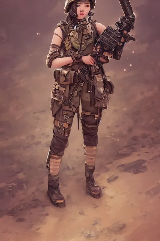 Prompt: dieselpunk blackpink jisoo as soldier girl, helmet, portrait, desert, armored, highly detailed, face detail, sharp focus, art, illustrations by rossdraws and ayanamikodon and wlop and irakli nadar and loish