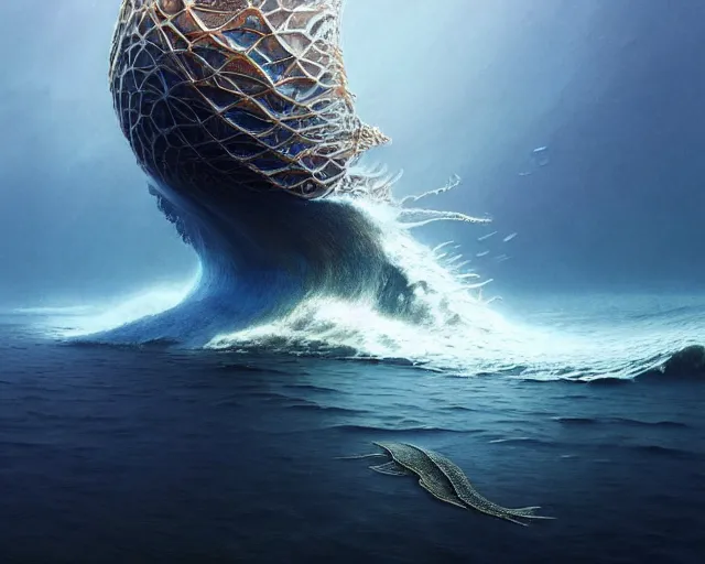 Image similar to a hyper - detailed 3 d render of aquatic creatures of the cresting waves, surrealism!!!!! surreal concept art, lifelike, photorealistic, digital painting, aesthetic, smooth, sharp focus, artstation hd, by greg rutkowski, bruce pennington, valentina remenar and asher duran,