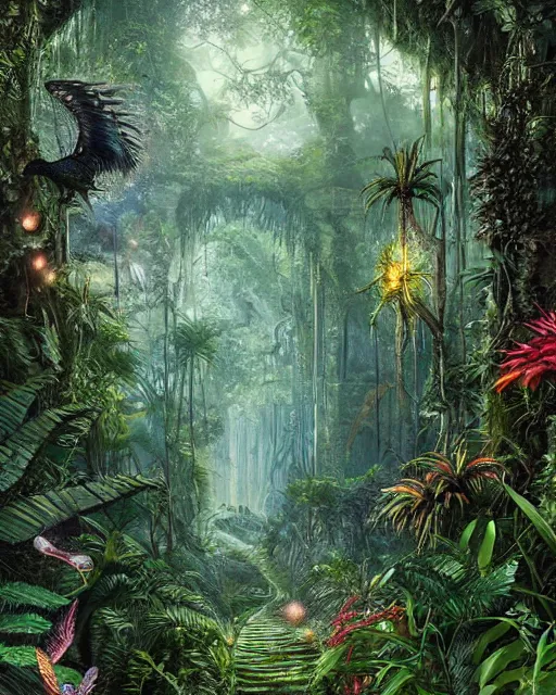 Prompt: a beautifully rendered ancient magical jungle path with tall ferns and carniverous flowers and fireflies by android jones, detailed matte painting