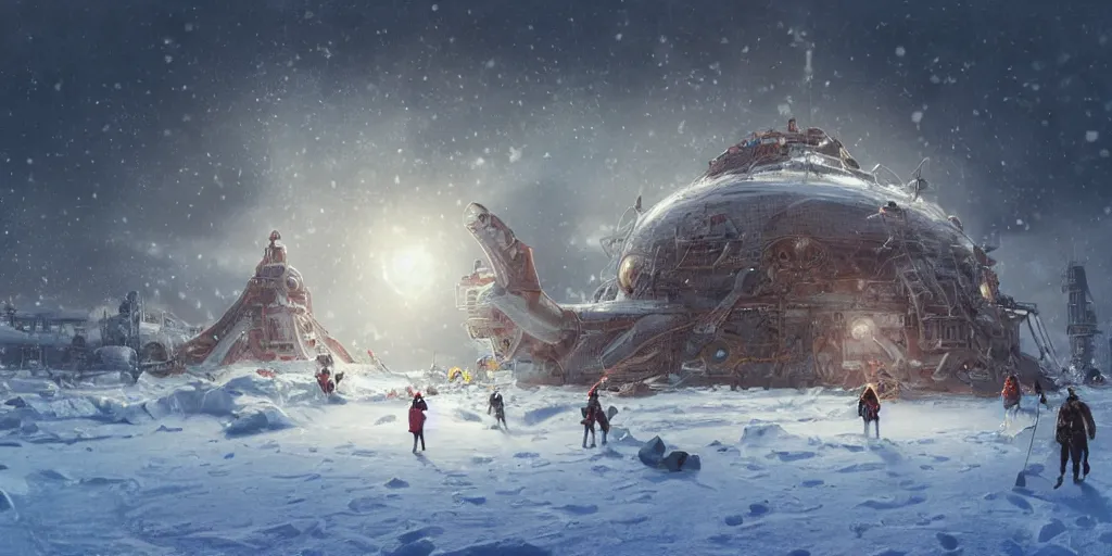 Image similar to North pole, snow, Gargantuan Mothership landing on ice, lasers attack on people and laboratories, wide angle, professional kodak lenses, magic, fire, face painting, dramatic lighting, intricate, wild, highly detailed, digital painting, artstation, concept art, smooth, sharp focus, illustration, art by artgerm and greg rutkowski and alphonse mucha, footage from space camera